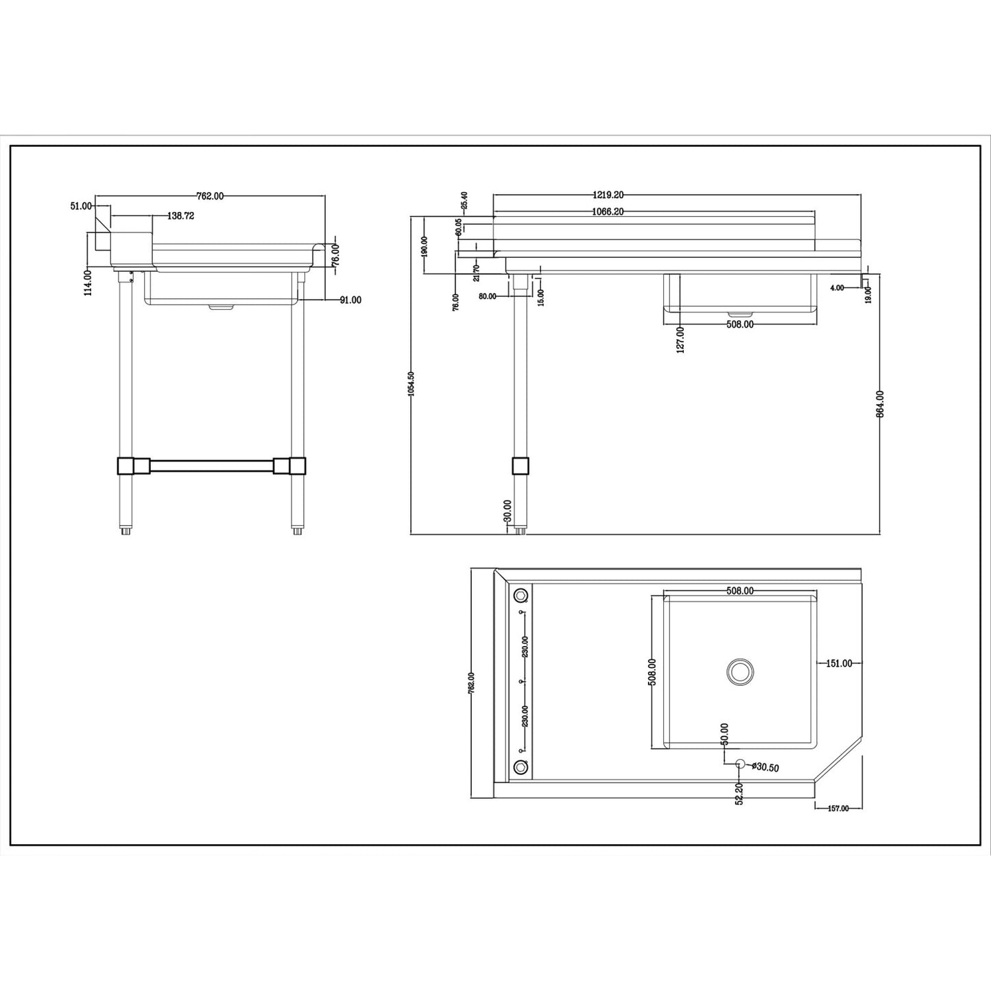 Commercial Stainless steel Pass Through Dishwasher Table with Sink Left 1219mm Width | DC1T3048LEFTSINK