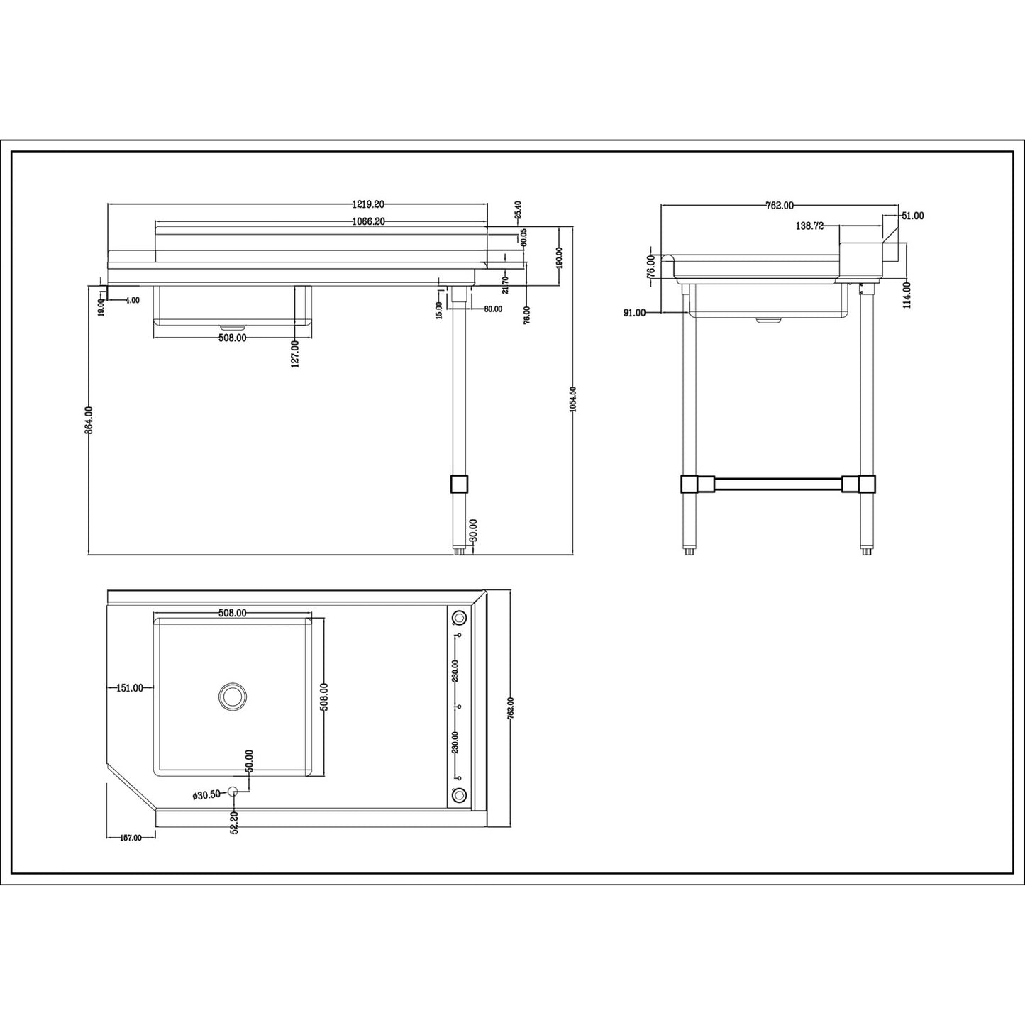 Commercial Stainless steel Pass Through Dishwasher Table with Sink Right 1219mm Width | DC1T3048RIGHTSINK