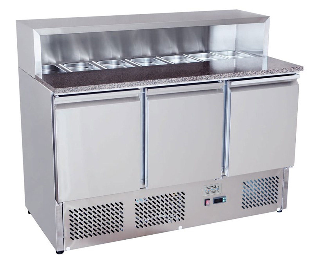 Ice-A-Cool ICE3858GR 3 Door Preparation Unit with Marble W/Top & S/S Guard c/w 7nr 1/3 GN Pans