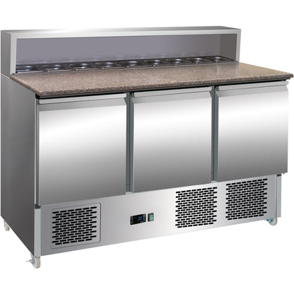 Pizza Prep Table 3 doors Stainless steel Pizza top 8xGN1/6 Depth 700mm | THPS903