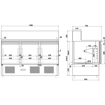 Pizza Prep Table 3 doors Stainless steel Pizza top 8xGN1/6 Depth 700mm | THPS903