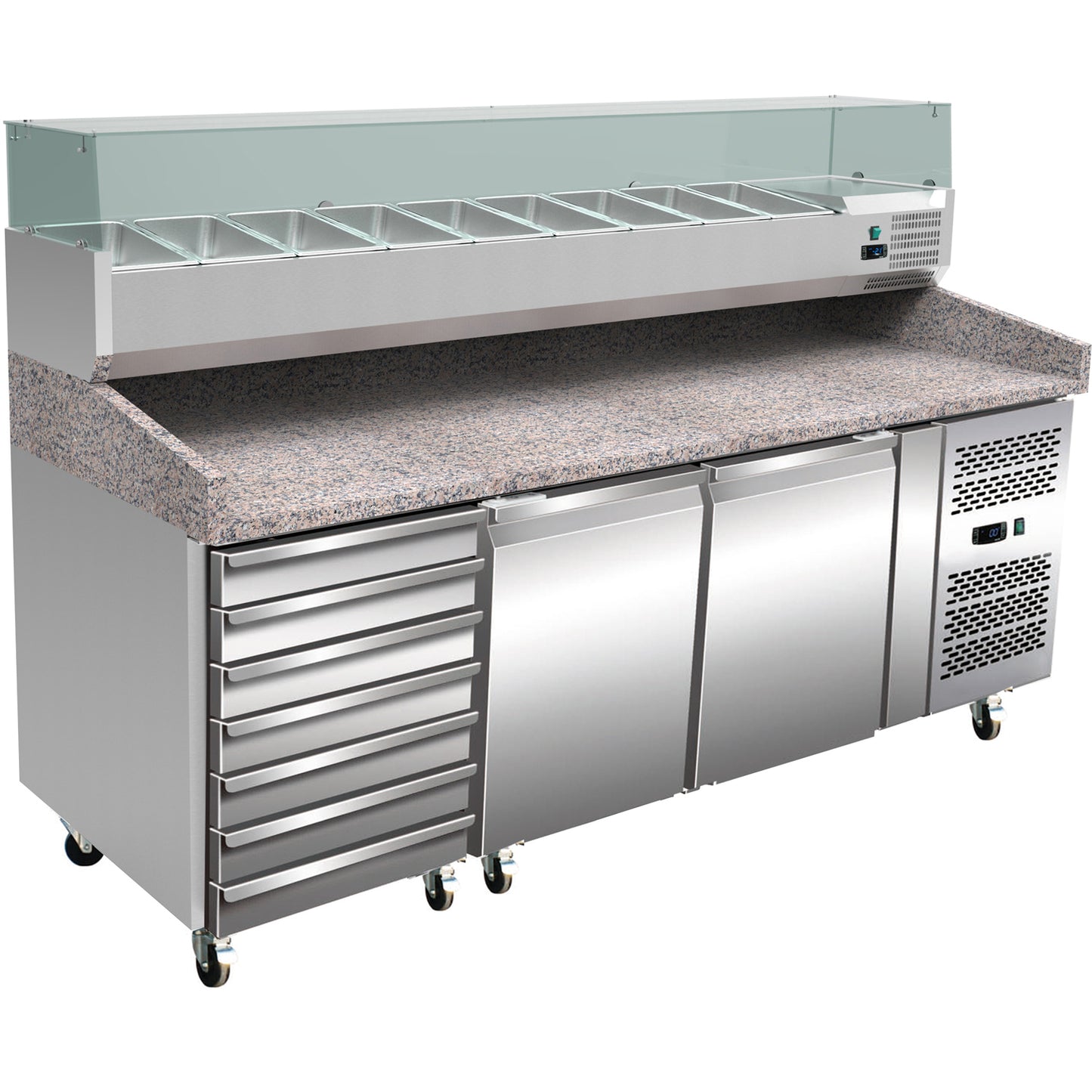 Pizza Prep Table 2 door 7 neutral drawers Refrigerated Countertop Display 10 x GN1/4 330mm | THPZ2610TN+PT20