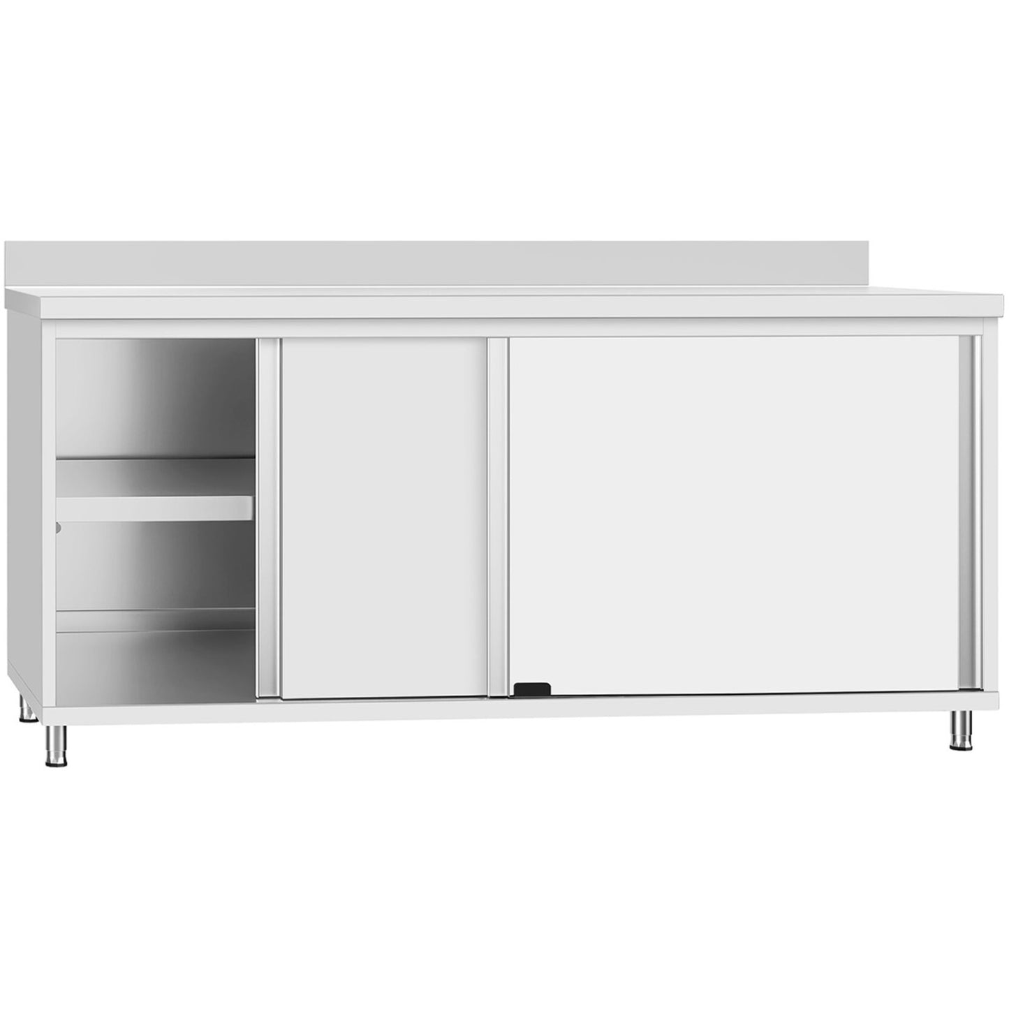Commercial Stainless Steel Sliding Door Work Table Cabinet with Shelf and Backsplash 1600x700x950mm | QNH828