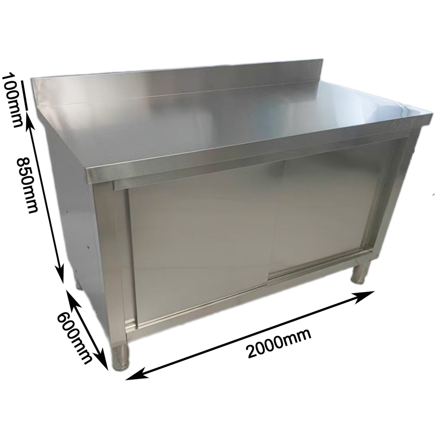 Commercial Stainless Steel Sliding Door Work Table Cabinet with Shelf and Backsplash 2000x600x950mm | QNH818