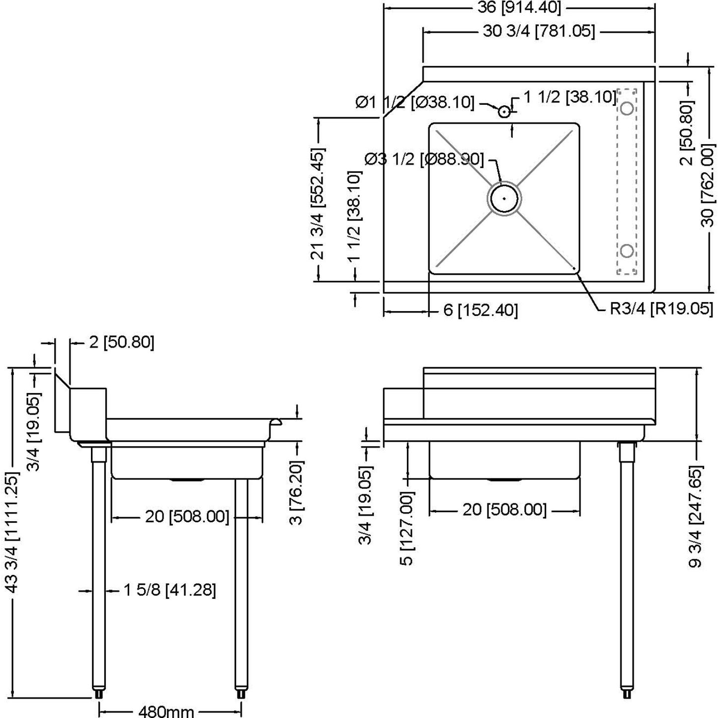 Commercial Stainless steel Pass Through Dishwasher Table with Sink Right 914mm Width | SDT36R