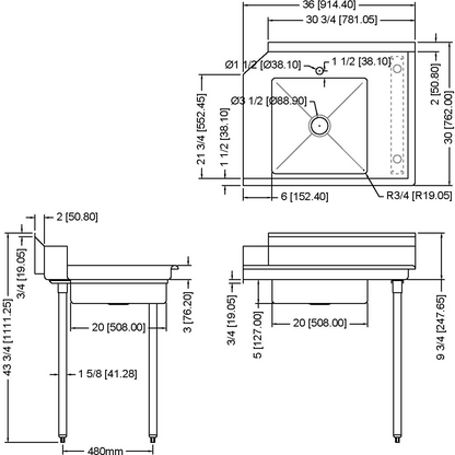 Commercial Stainless steel Pass Through Dishwasher Table with Sink Right 914mm Width | SDT36R