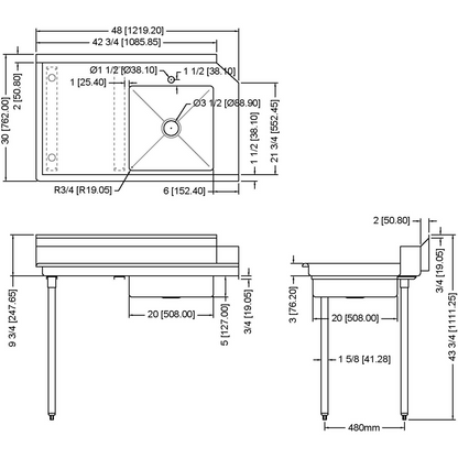 Commercial Stainless steel Pass Through Dishwasher Table with Sink Left 1219mm Width | SDT48L