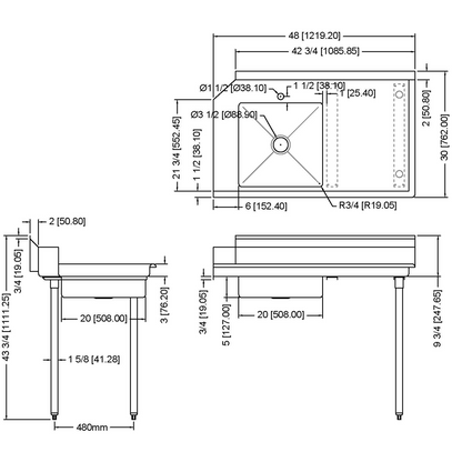 Commercial Stainless steel Pass Through Dishwasher Table with Sink Right 1219mm Width | SDT48R