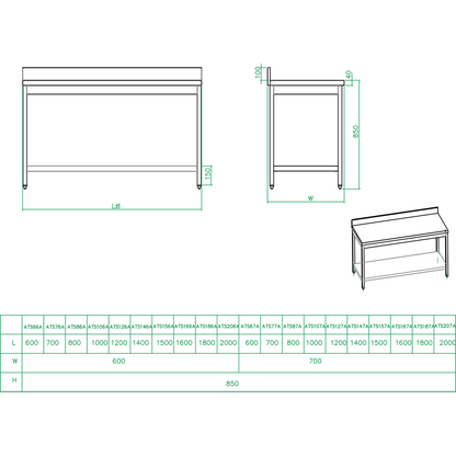 Professional Work table Stainless steel Bottom shelf Upstand 2000x700x900mm | THATS207A
