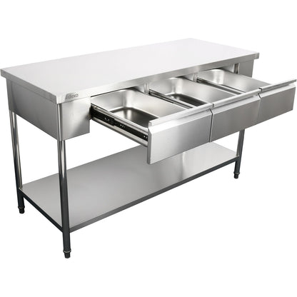 Premium Commercial Work table with 3 drawers Stainless steel Bottom shelf 1500x700x900mm | W218150703D