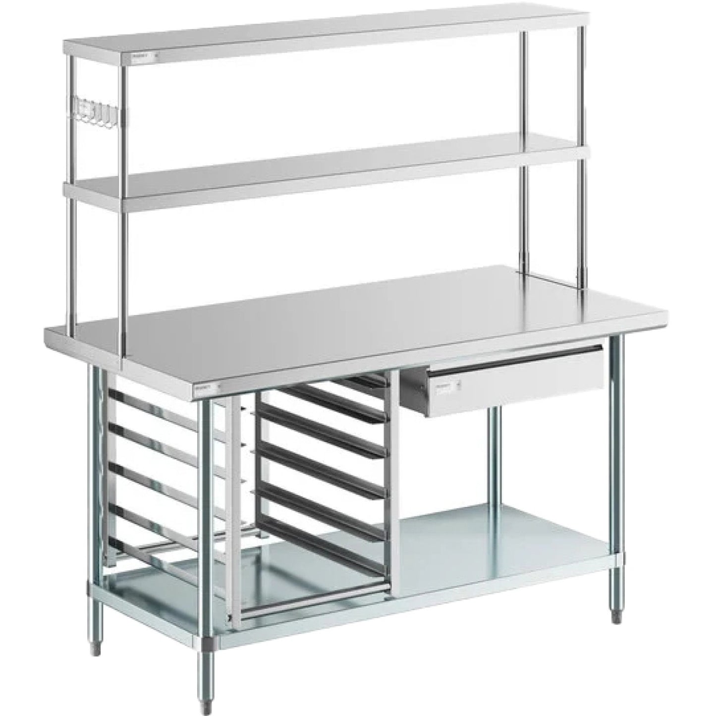 Commercial Stainless Steel Work Table with Overshelf, Drawer &amp; GN Pan Rack 1500x700x1700mm | WT70150PS
