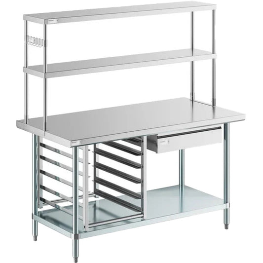 Commercial Stainless Steel Work Table with Overshelf, Drawer &amp; GN Pan Rack 1500x700x1700mm | WT70150PS