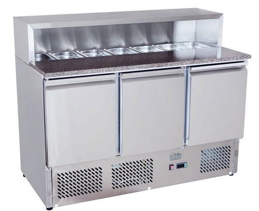 Ice-A-Cool ICE3858GR 3 Door Preparation Unit with Marble W/Top & S/S Guard c/w 7nr 1/3 GN Pans